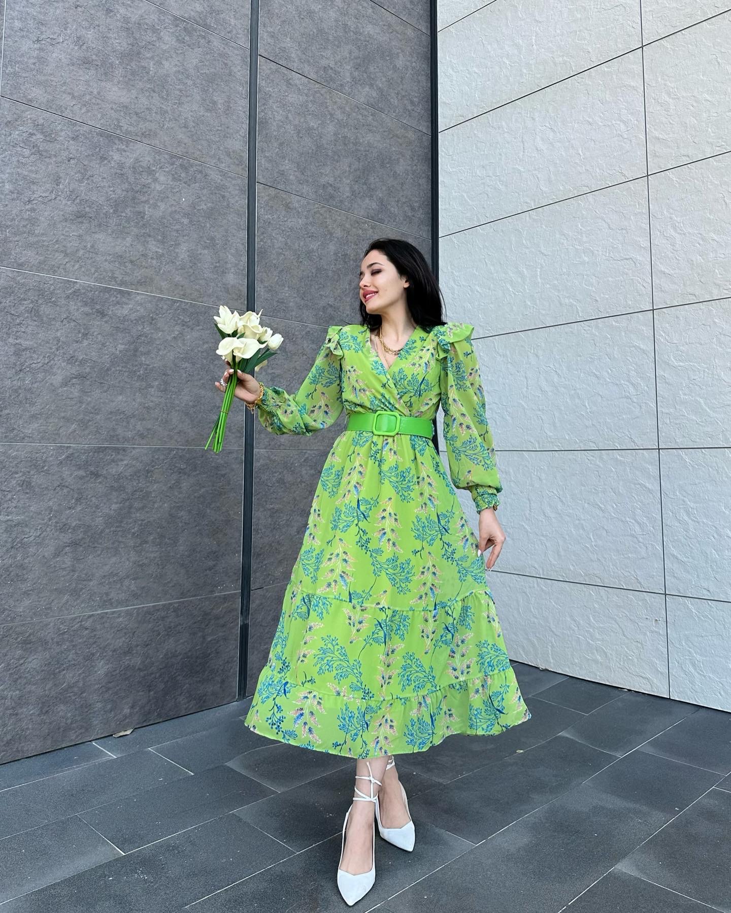 Yeşil Fiyona Şifon Kemerli Elbise