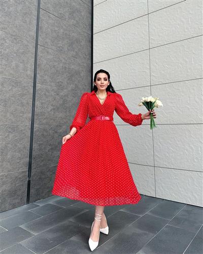 Kırmızı Puantiyeli Şifon Elbise