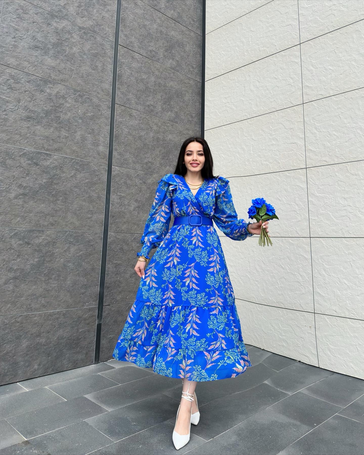 Mavi Flora Şifon Elbise