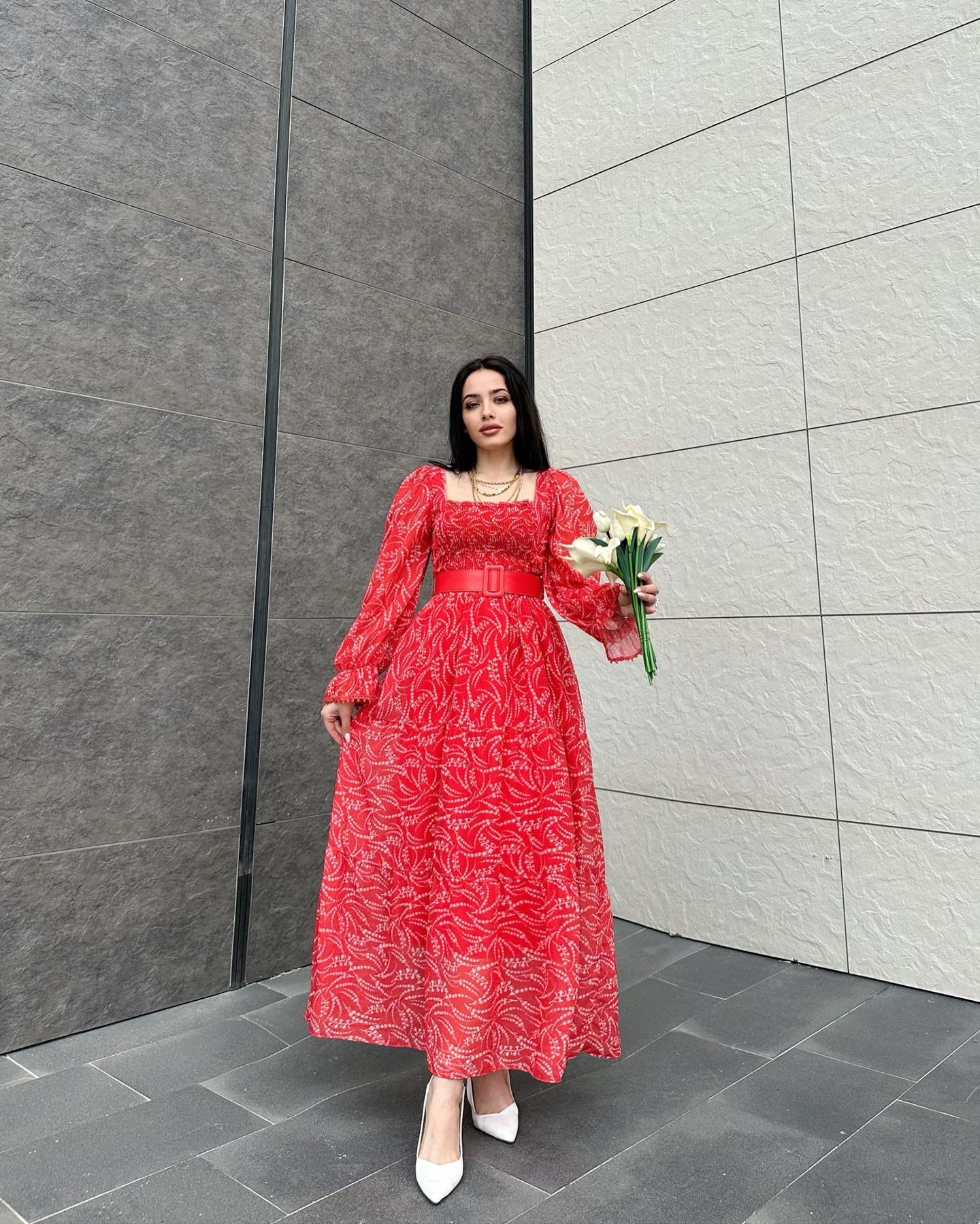 Kırmızı Şifon Çiçekli Elbise