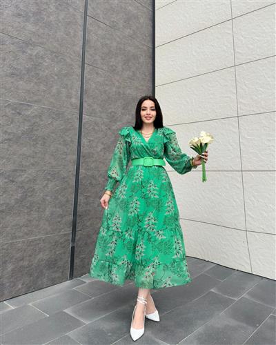 Yeşil Kemerli Şifon Elbise