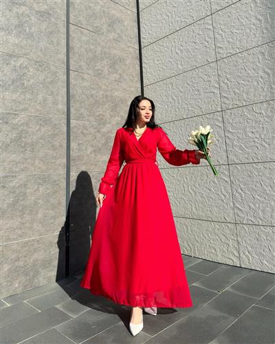 Kırmızı Uzun Şifon Elbise