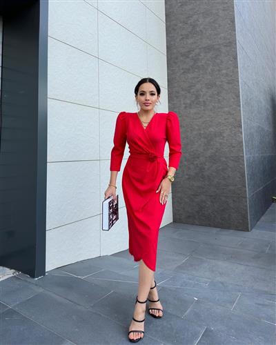 Kırmızı Gül Detaylı Krep kumaş Elbise