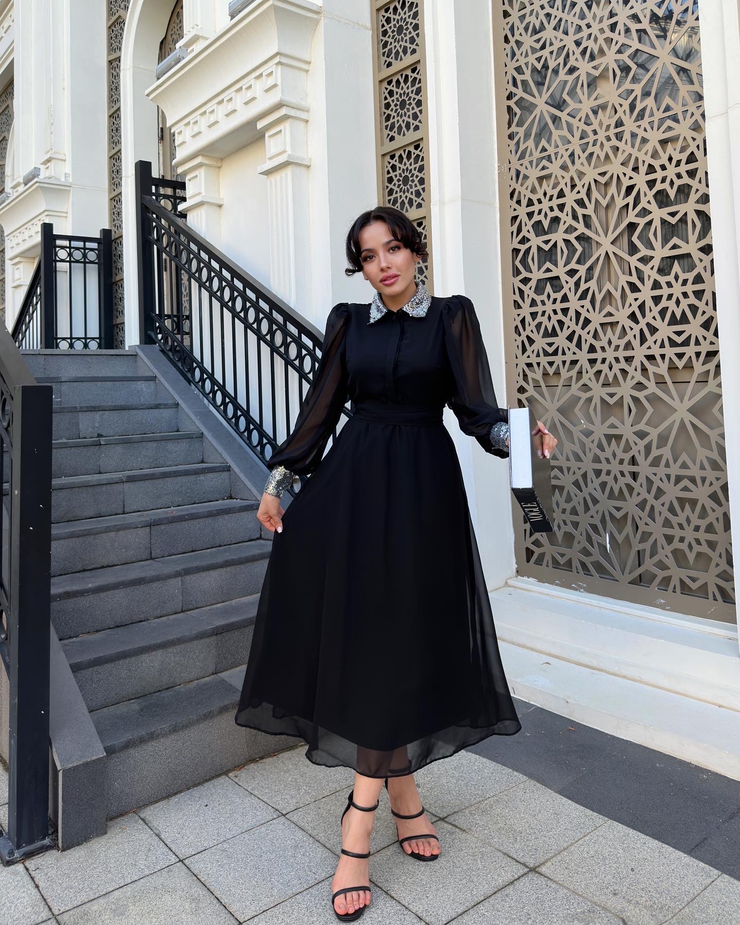 Siyah Pul Payet Şifon Elbise