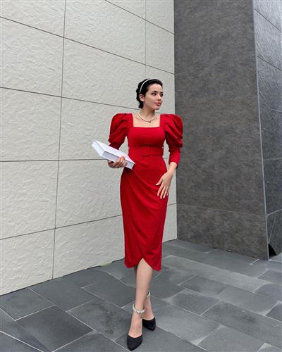 Kırmızı Karpuz Kol Kemerli Elbise