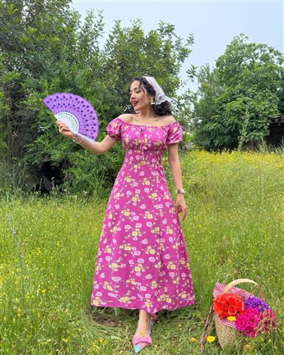 PEMBE VİSKON KÜÇÜK ÇİÇEKLİ EMİ ELBİSE
