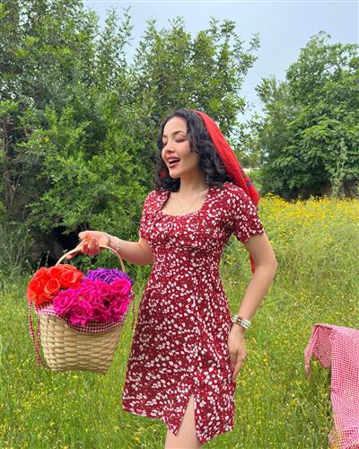 KIRMIZI MİNİ VİSKON ÇİÇEKLİ ELBİSE
