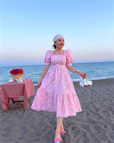 PEMBE PAPATYALI POPLİN KEMERLİ ELBİSE