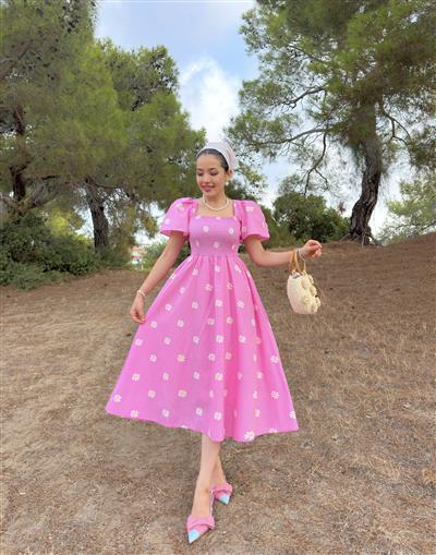PEMBE PAPATYALI POPLİN ELBİSE