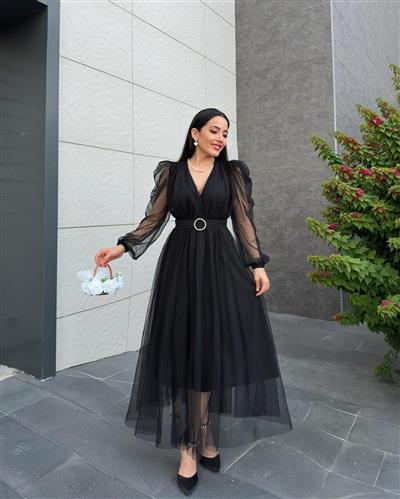 SİYAH TÜLLÜ BEL DETAYLI ELBİSE