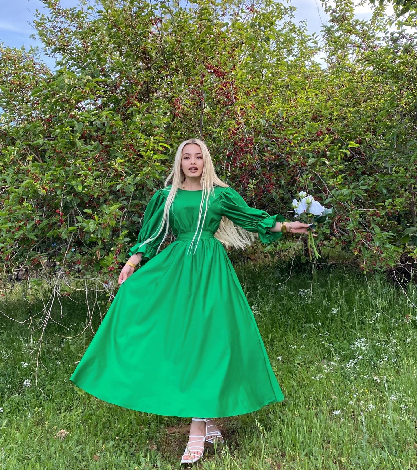 Yeşil poplin kumaş elbise